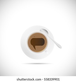 Illustration of a chat bubble design inside a coffee cup isolated on a white background.