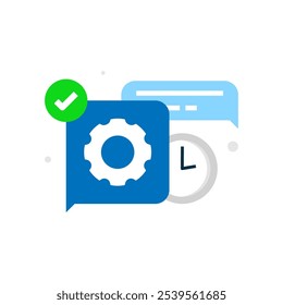 ilustração de uma bolha de bate-papo com ícones de engrenagem, relógio analógico e marca de seleção, simbolizando uma mensagem em processamento. Este design comunica visualmente que sua solicitação está sendo processada. Aguarde