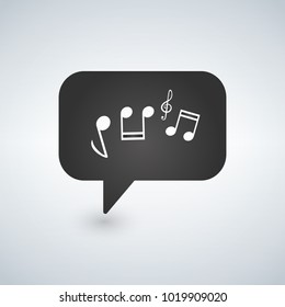 Illustration of a chat bubble icon with a g clef and music notes. Vector.