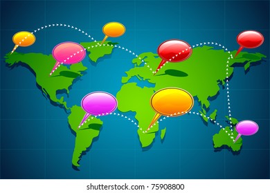 ilustración de burbuja de chat en el mapa mundial que muestra la comunicación global