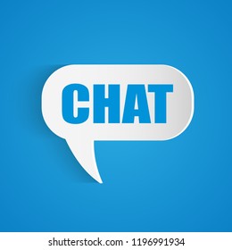 Illustration of a chat bubble with the word Chat on a colorful blue background.