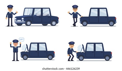 Illustration of a chauffeur posing with a car in different situations. Cheerful driver showing thumb up gesture, angry, tired. Flat style vector illustration