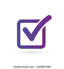 Illustration of check mark icon in square in purple gradient, vector illustration isolated on black background.