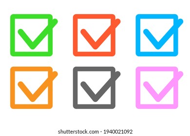 Illustration of a checkbox. Set of six colors: red, blue, green, pink, orange, and gray. Icons for checking, diagnosing, and answering. Vector illustration.