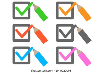 Illustration of a checkbox. Set of six colors: red, blue, green, pink, orange, and gray. Icons for checking, diagnosing, and answering. Vector illustration.