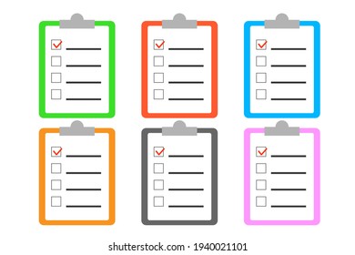 Illustration of a checkbox. Set of six colors: red, blue, green, pink, orange, and gray. Icons for checking, diagnosing, and answering. Vector illustration.