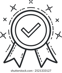 illustration of a checked badge or medal with ribbons in black outline without background