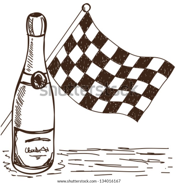 Illustration of checkered flag and champagne,\
doodle style\
drawing