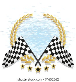 Illustration checkered flag with a gold laurel wreath on the grunge background. Symbolically represents the winners of automobile and motorcycle races.
