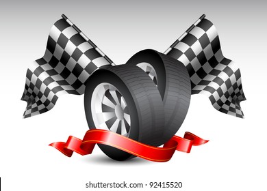 illustration of checkered racing flag with tyre wrapped in ribbon