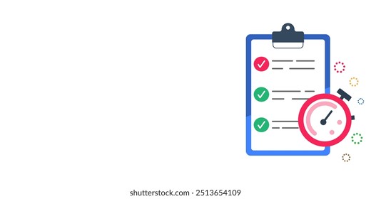 Ilustração de uma lista de verificação e temporizador, um plano de negócios, gerenciamento de projetos, um questionário rápido com espaço para texto.