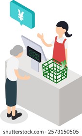 An illustration of a checkout scene at a supermarket featuring an elderly shopper and a clerk