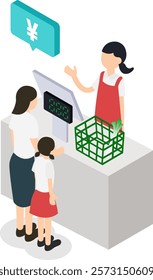 An illustration of a checkout scene at a supermarket featuring a shopper with children and a store clerk