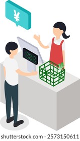 An illustration of a checkout scene at a supermarket featuring a male shopper and a store clerk