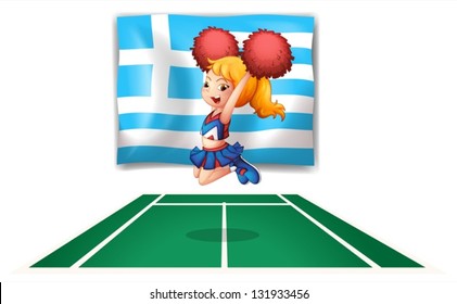 Illustration of a cheerdancer in front of the flag of Greece on a white background