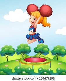 Illustration of a cheerdancer holding her red pompoms above the trampoline