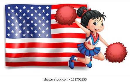 Illustration of a cheerer and the USA flag on a white background