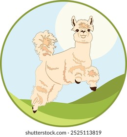 Ilustração de uma alpaca alegre pulando em um campo dentro de um círculo em um fundo isolado feito em estilo cartoon.