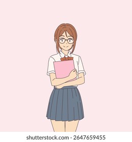 Illustration of a cheerful anime girl in a school uniform holding folders. Background is simple and pink, giving a soft and friendly vibe.