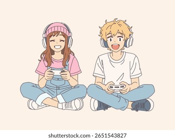 Ilustração de animé alegre adolescentes jogos em roupas casuais. Eles se sentam cruzados com controladores na mão, usando fones de ouvido e expressam prazer em um fundo plano.