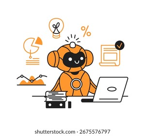 Illustration of a cheerful artificial intelligence working on a laptop. Surrounded by data analytics symbols on a white background. Represents technology and productivity.