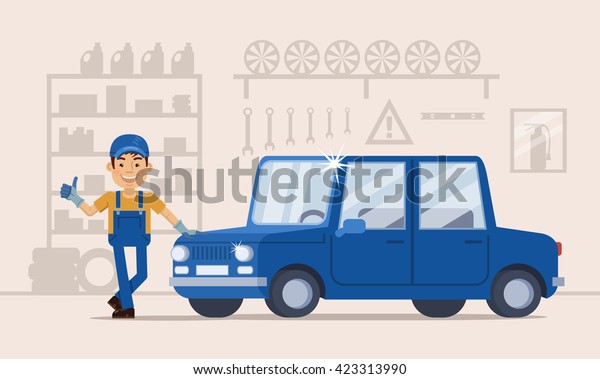 Illustration of a cheerful\
auto mechanic standing near a car. Car repair service, garage.\
Smiling auto mechanic showing thumb up gesture. Flat style vector\
illustration