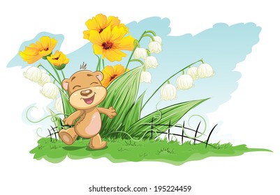 Illustration cheerful bear with lilies and flowers