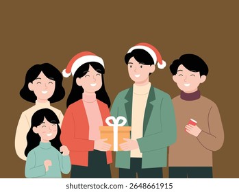 Illustration of a cheerful big family standing together during Christmas celebration, smiling warmly with gift and festive spirit. A joyful holiday gathering.