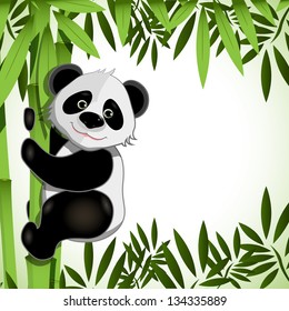 illustration cheerful big panda on green bamboo