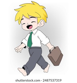 An illustration of a cheerful blonde boy dressed in formal attire, including a white shirt and green tie, walking barefoot and carrying a brown briefcase.