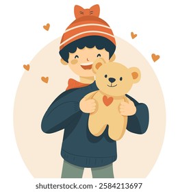 Illustration of a cheerful boy in a beanie and warm clothes, joyfully holding a teddy bear with a red heart, surrounded by floating hearts