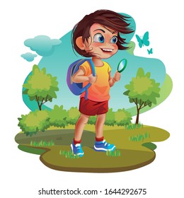 Illustration of a cheerful boy with a briefcase walking from school, a teenager on a walk. Vector. EPS 10.
