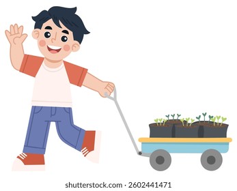 Illustration of Cheerful Boy Pulling Wagon of Seedlings