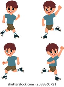 Illustration of a cheerful boy running and posing, showcasing playful and happy expressions. This cartoon character portrays youthful energy and active fun, perfect for childhood and liveliness