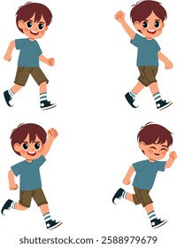 Illustration of a cheerful boy running and posing, showcasing playful and happy expressions. This cartoon character portrays youthful energy and active fun, perfect for childhood and liveliness