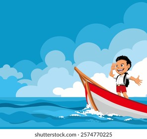 Illustration of a cheerful boy standing on a sailing boat in the ocean, enjoying the beautiful day with a clear blue sky and calm sea, representing adventure, happiness, and childhood exploration.