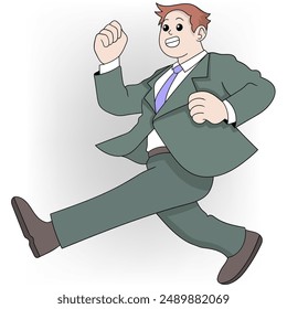 An illustration of a cheerful businessman in a grey suit and blue tie, running with enthusiasm and joy.