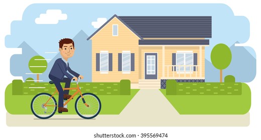 Illustration of a cheerful businessman riding a bicycle on his way to home or work. Ecological, eco transport concept. Flat style vector illustration