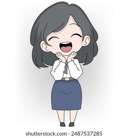 An illustration of a cheerful businesswoman with short dark hair, celebrating payday with a big smile and her hands clasped under her chin.