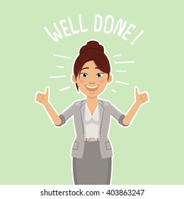 Illustration of a cheerful businesswoman showing thumb up gestures. Emoticon, emoji, facial expression, emotion. Flat style vector illustration