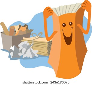 Illustration of a cheerful cartoon book. Wastepaper can be seen in the background.