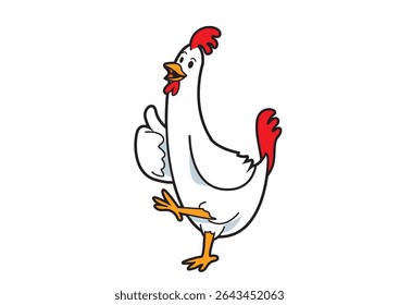 Illustration of a cheerful cartoon chicken character with a playful pose, designed to evoke fun and whimsy