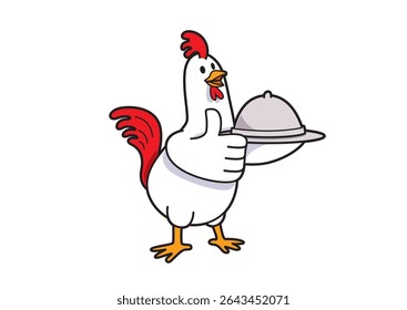 Illustration of a cheerful cartoon chicken character happily presenting a covered dish with a thumbs up, embodying hospitality and culinary delight