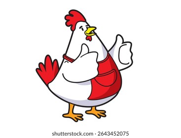 Illustration of a cheerful cartoon chicken character wearing an apron and enthusiastically giving two thumbs up, radiating positivity and confidence