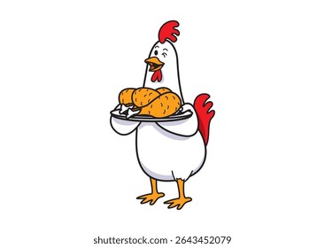 Illustration of a cheerful cartoon chicken character proudly holding a platter of crispy chicken, showcasing culinary delight and hospitality