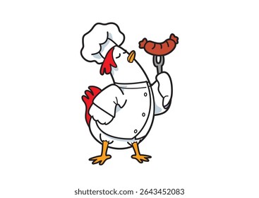 Illustration of a cheerful cartoon chicken character dressed as a chef, proudly holding a sausage on a fork to convey culinary skills