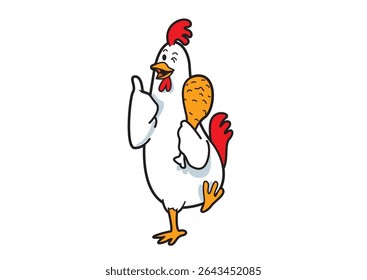 Illustration of a cheerful cartoon chicken character confidently holding a chicken drumstick, conveying a fun and inviting feel