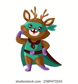 Illustration of a cheerful cartoon deer dressed as a superhero wearing a mask and cape standing confidently. The character has antlers and a vibrant outfit.