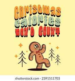 illustration of cheerful cartoon gingerbread character in retro style.