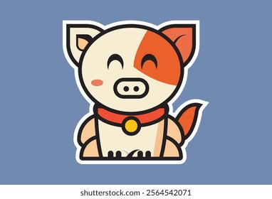 Illustration of a cheerful cartoon pig icon with a big smile and a cheerful design featuring cute elements such as bells, toys and its tail.